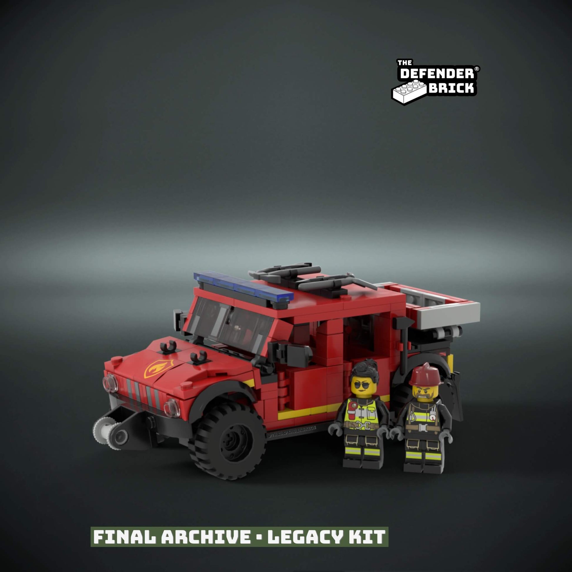 custom Lego Red fire fighters truck with two figures and custom UV printed parts on a dark background, featuring 'The Defender Brick' logo.