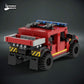 Back view of a custom Lego Red fire fighters truck with custom UV printed parts and detailed accessories on a dark background, featuring 'The Defender Brick' logo.