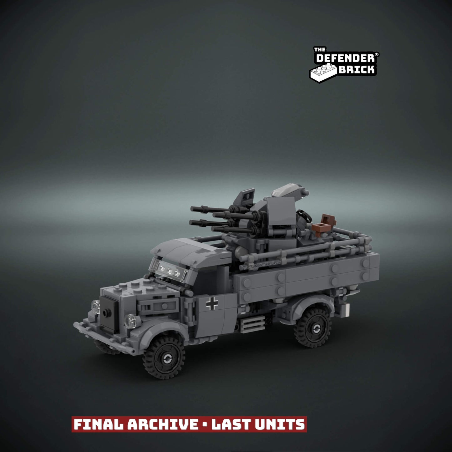 Custom LEGO Iconic WW2 truck model with anti-aircraft gun and custom UV printed parts on a dark background, featuring 'The Defender Brick' branding.
