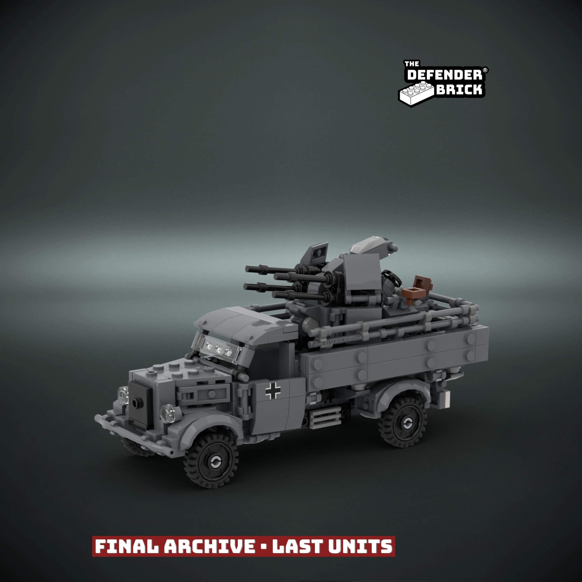 Custom LEGO Iconic WW2 truck model with anti-aircraft gun and custom UV printed parts on a dark background, featuring 'The Defender Brick' branding.