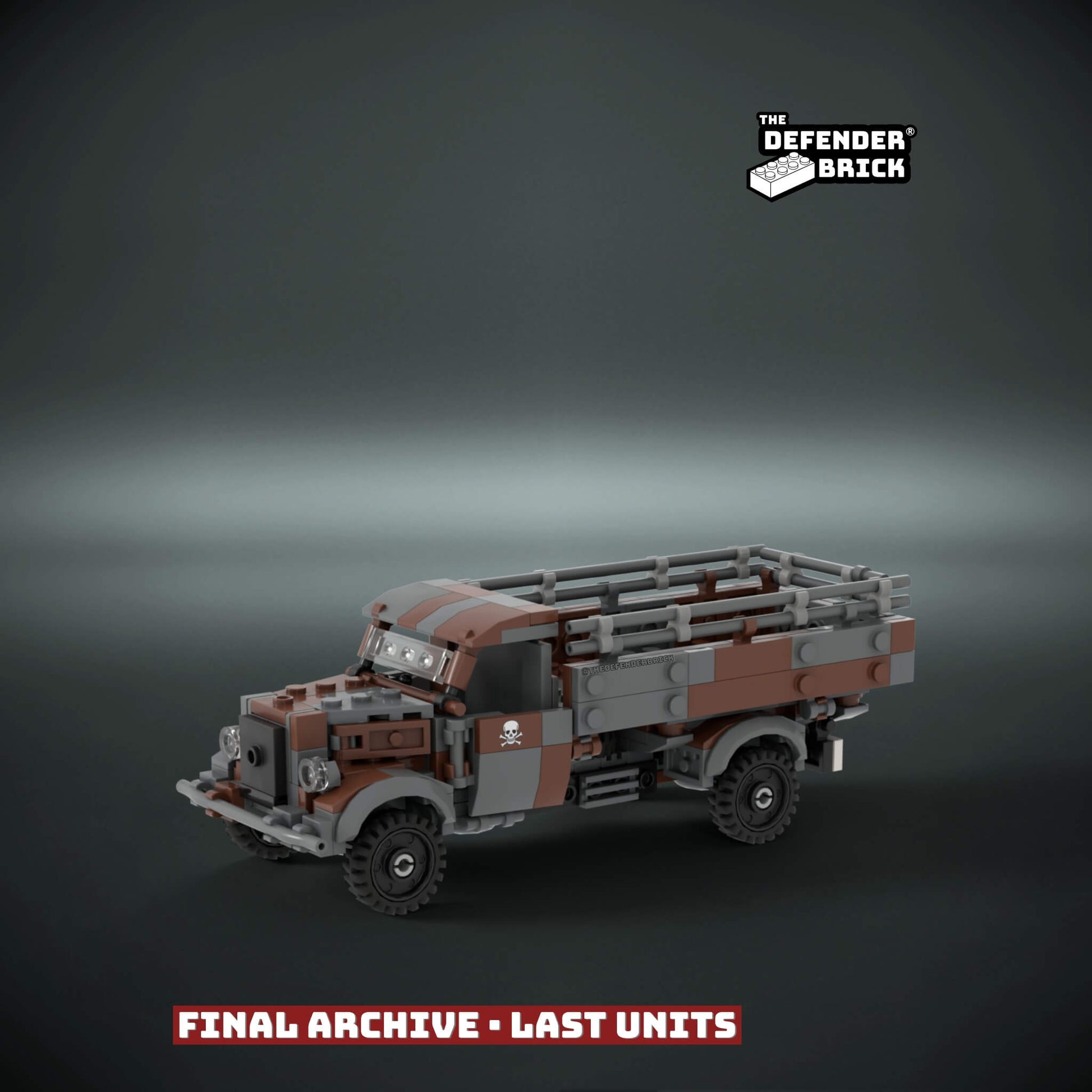 Custom LEGO Iconic WW2 truck model with camouflage design and custom UV printed parts on a dark background, featuring 'The Defender Brick' branding.