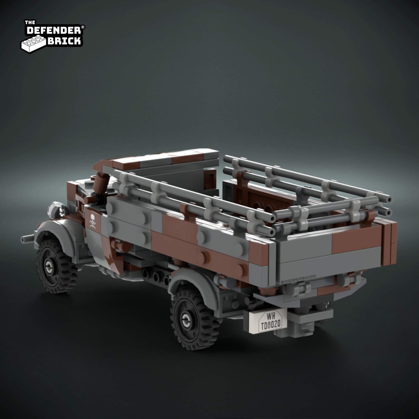 Back view of a Custom LEGO Iconic WW2 truck model with camouflage design and custom UV printed parts on a dark background, featuring 'The Defender Brick' branding.