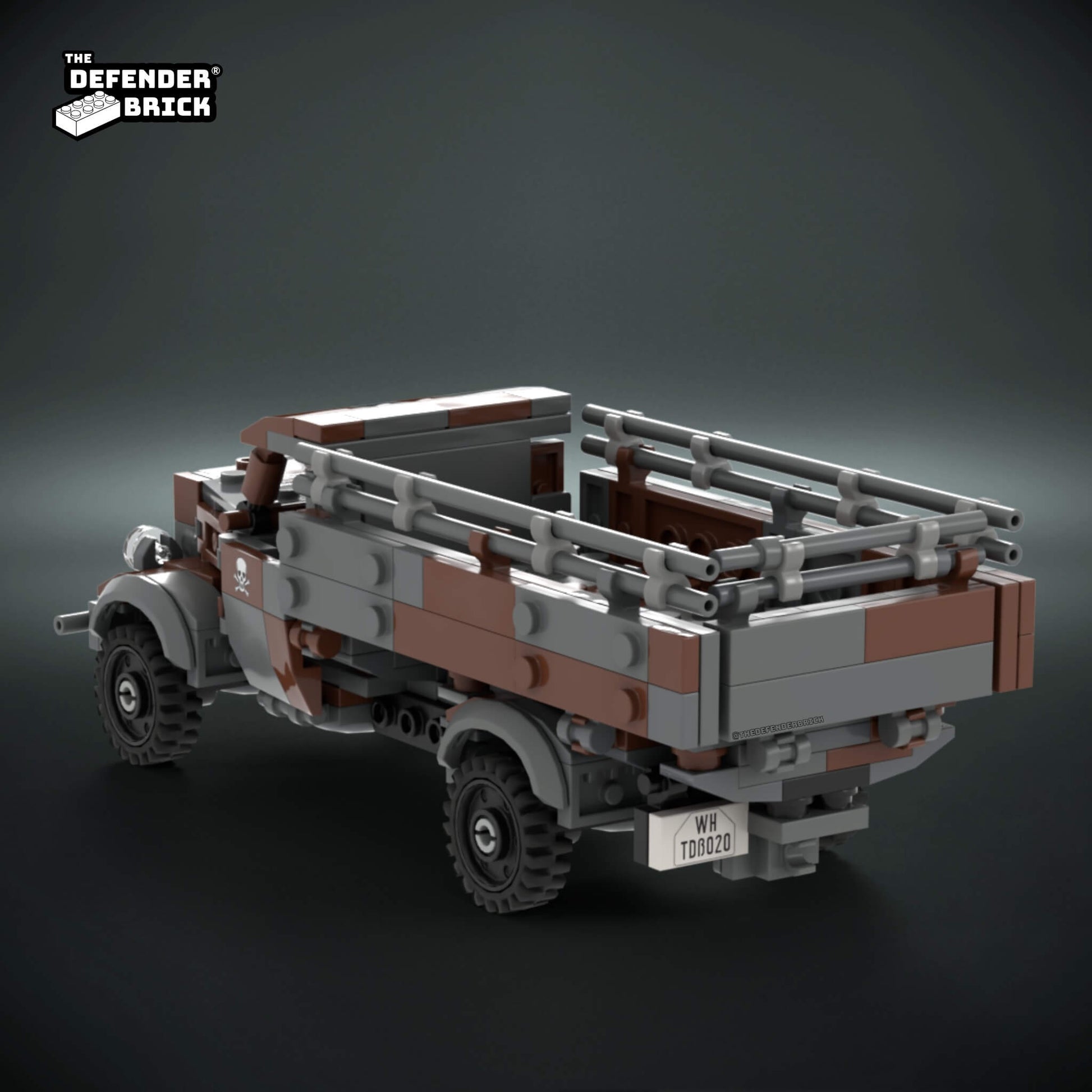 Back view of a Custom LEGO Iconic WW2 truck model with camouflage design and custom UV printed parts on a dark background, featuring 'The Defender Brick' branding.