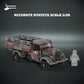 Custom LEGO Iconic WW2 truck model with camouflage design and custom UV printed parts on a dark background, featuring 'The Defender Brick' branding and a transparent placeholder minifigure for size comparison.