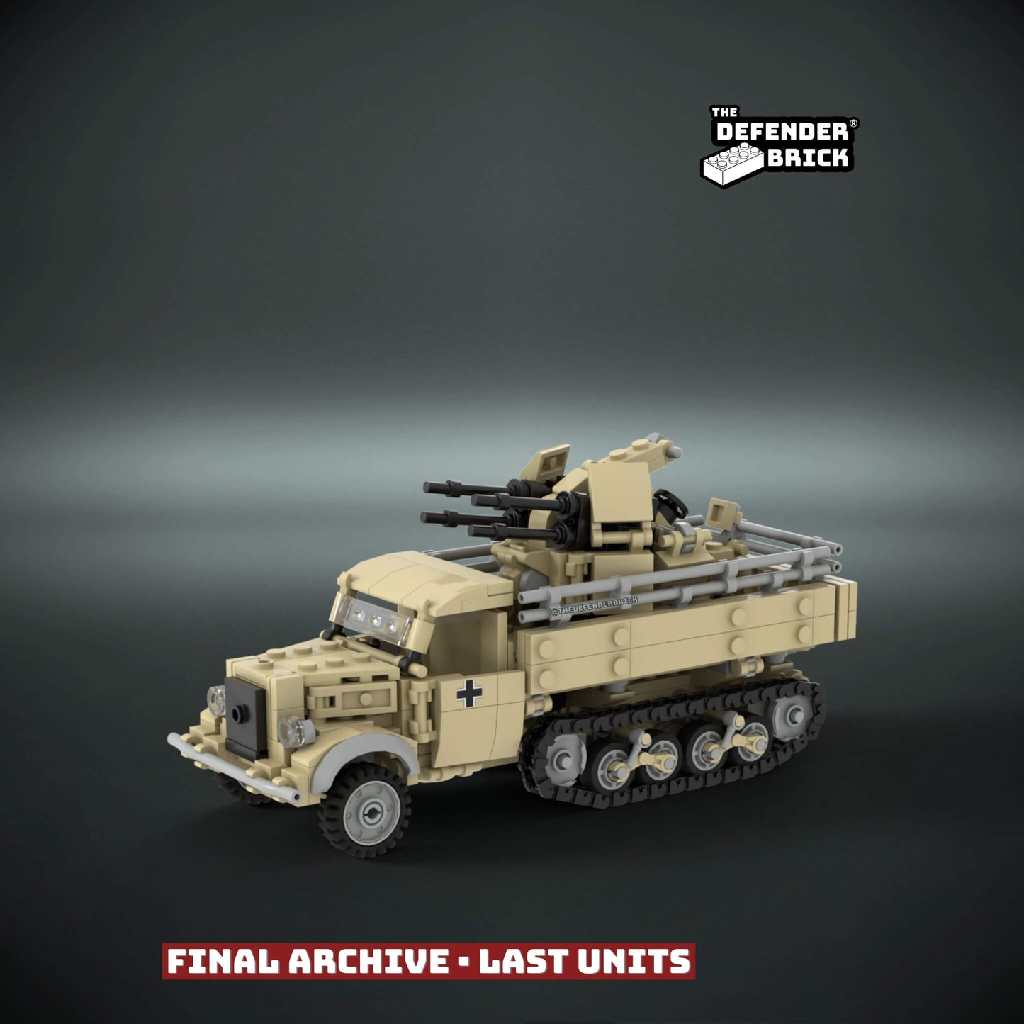 Custom LEGO WW2 half-tracked military vehicle model with desert tan livery and anti-aircraft gun and custom UV printed parts on a dark background with 'The Defender Brick' branding.