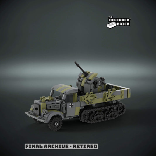 Custom LEGO WW2 half-tracked military vehicle model in eastern front camouflage grey and olive green with anti-aircraft gun and custom UV printed parts on a dark background with 'The Defender Brick' branding.