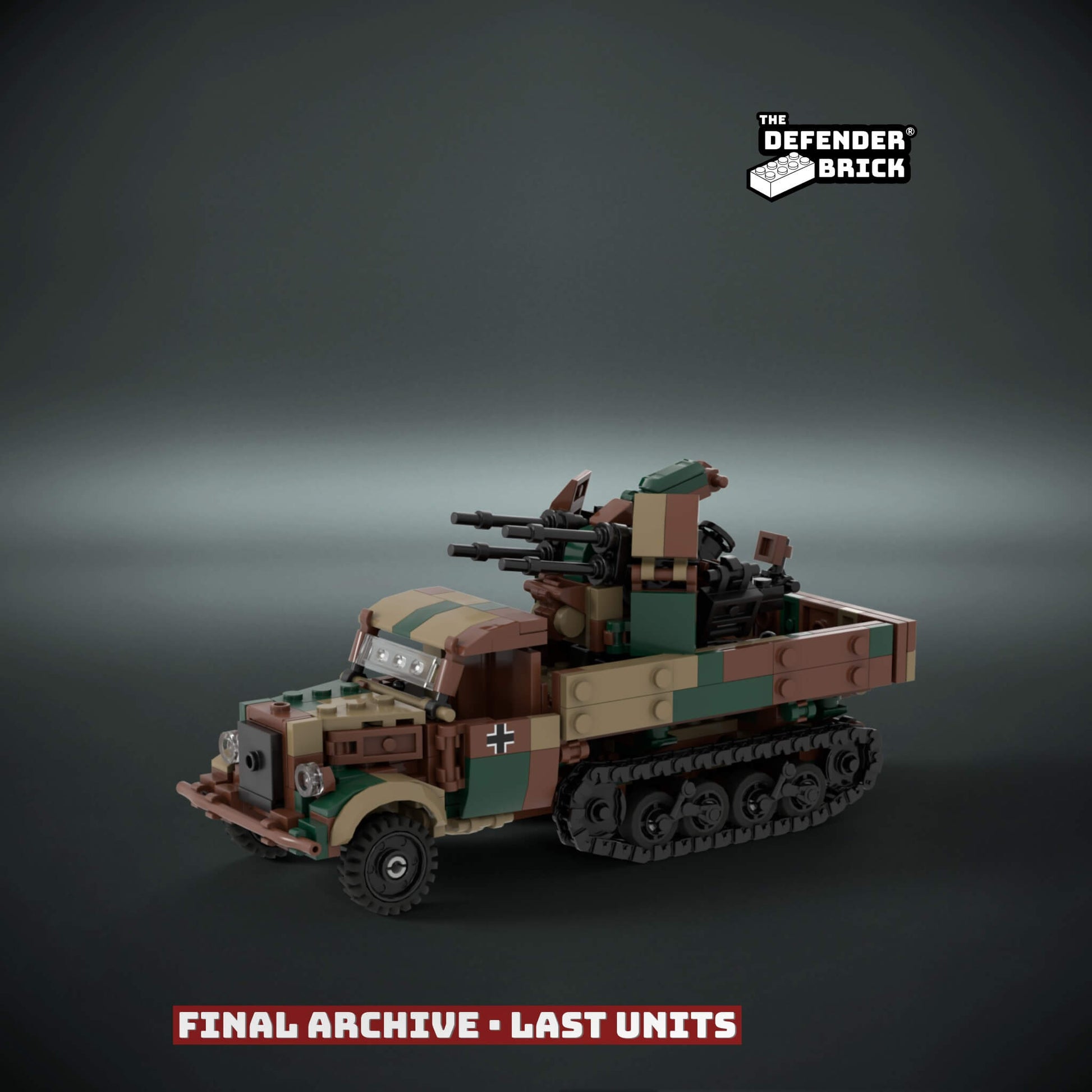 Custom LEGO Iconic WW2 half-truck model with camouflage design and custom UV printed parts on a dark background, featuring 'The Defender Brick' branding.