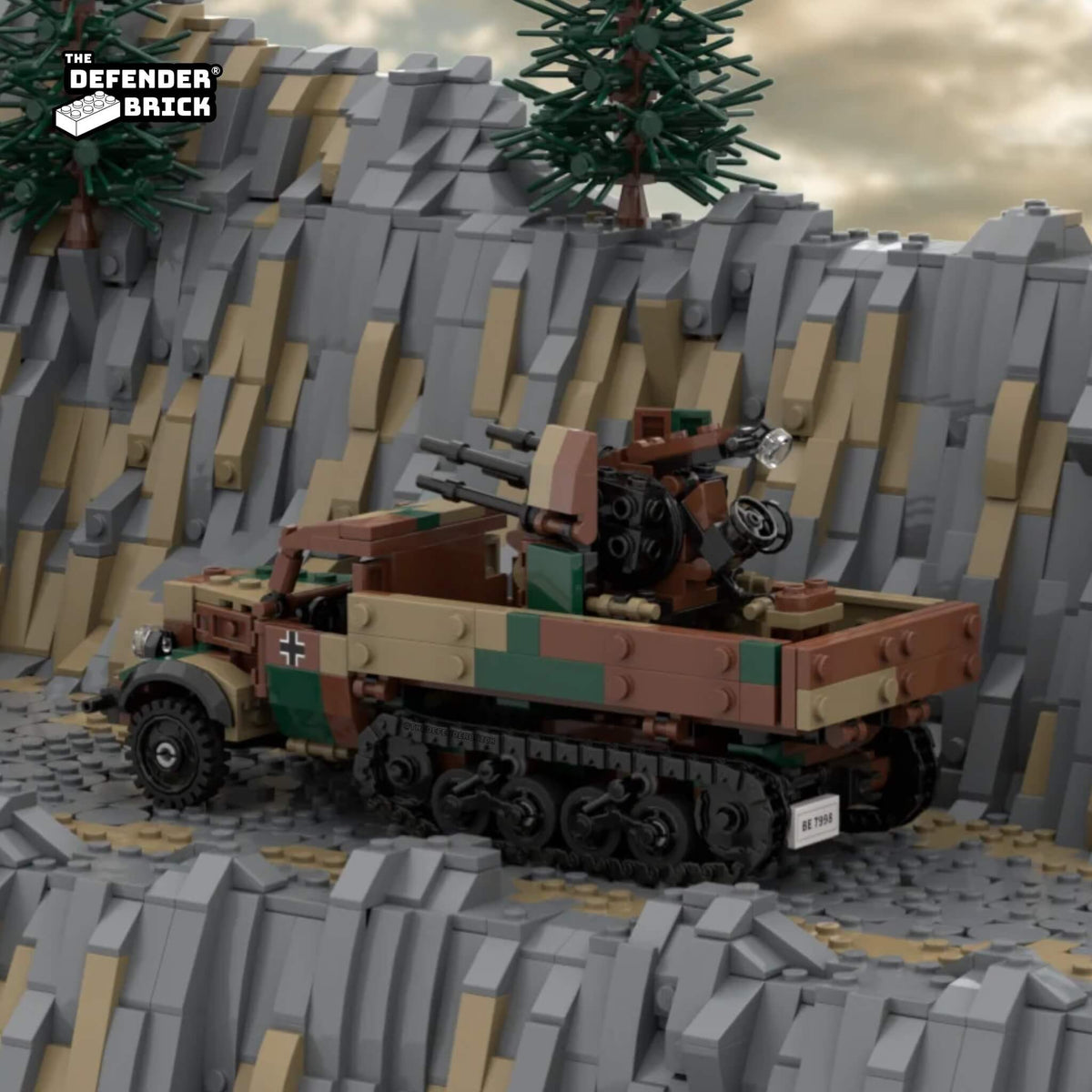 TDB German Flak Maultier – Field Camo tracked brick build displayed in a rocky military diorama