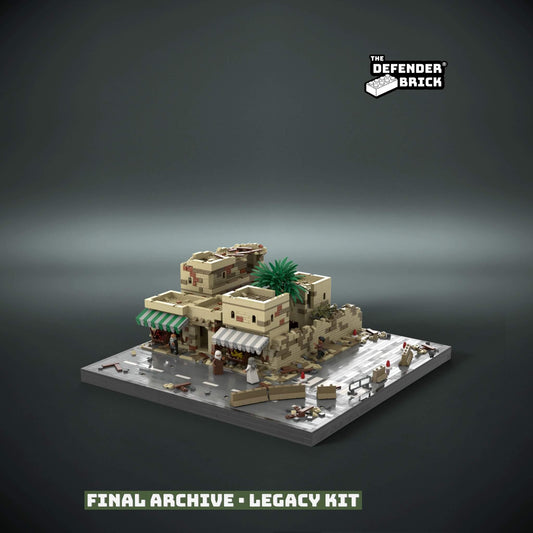Model of a Middle East desert village made from LEGO building blocks with minifigures and very high details on a dark background with 'The Defender Brick' branding.