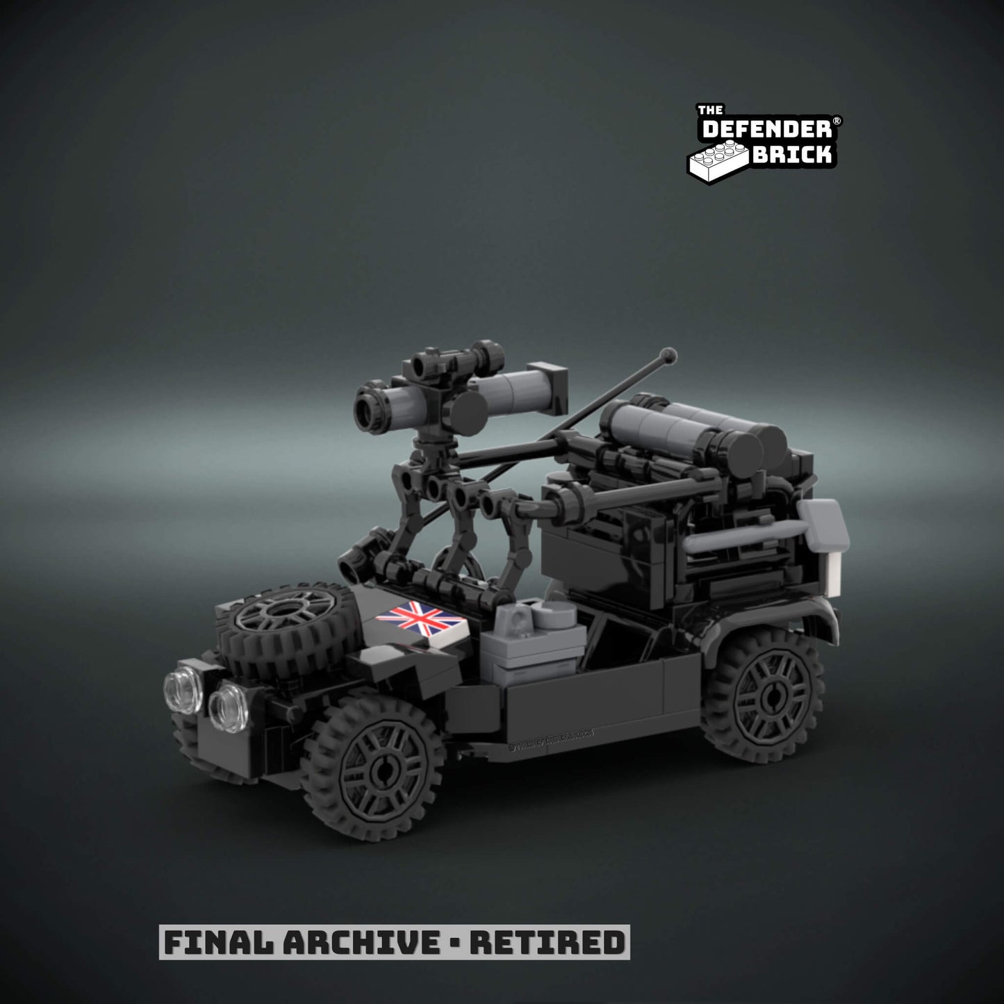 Custom Lego tactical vehicle black 'night ops' color made of interlocking bricks with a custom UV printed British flag on a dark background, branded 'The Defender Brick'.