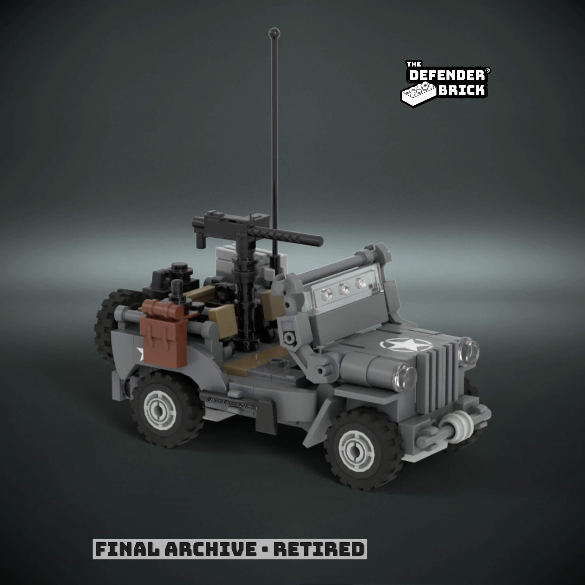 WW2 US Lego  jeep model with custom UV printed parts and custom detailed accessories, on a dark background with 'The Defender Brick' branding.