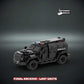 Custom LEGO SWAT tactical armored vehicle with custom UV printed parts included and 'The Defender Brick' branding on a dark background.