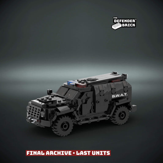 Custom LEGO SWAT tactical armored vehicle with custom UV printed parts included and 'The Defender Brick' branding on a dark background.