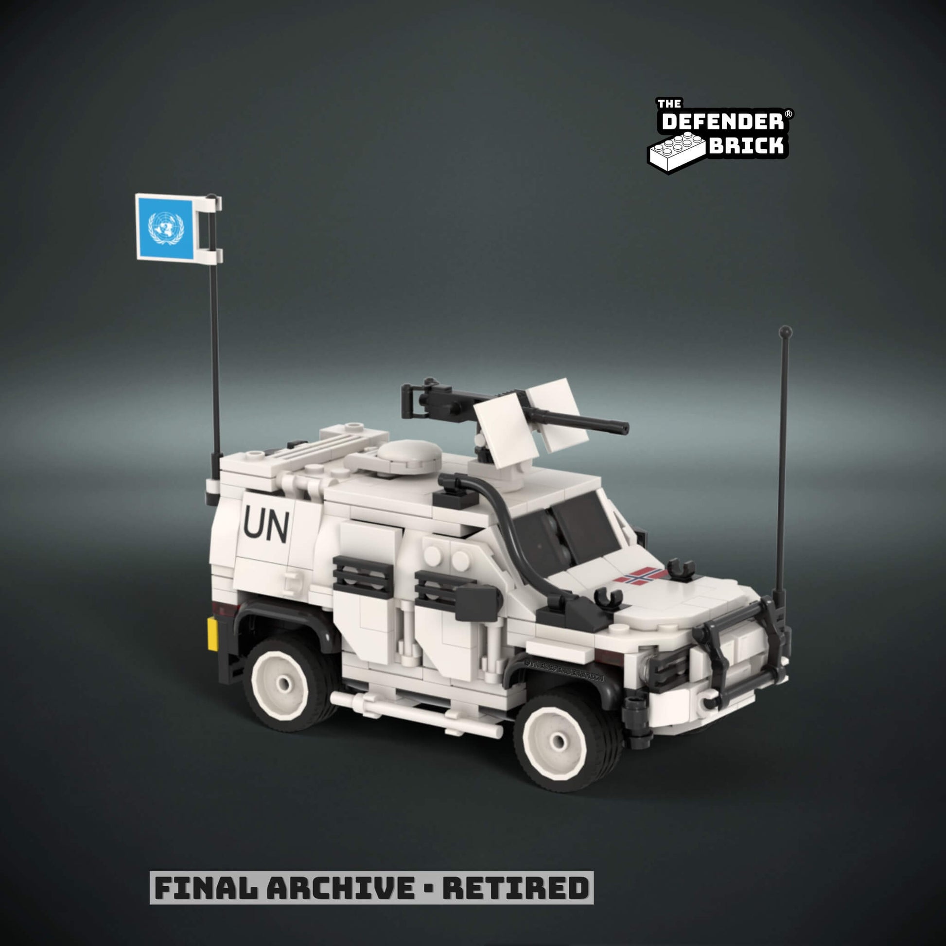 Custom LEGO Armored vehicle with White UN livery, UN flag with custom UV printed parts, branded 'The Defender Brick'.