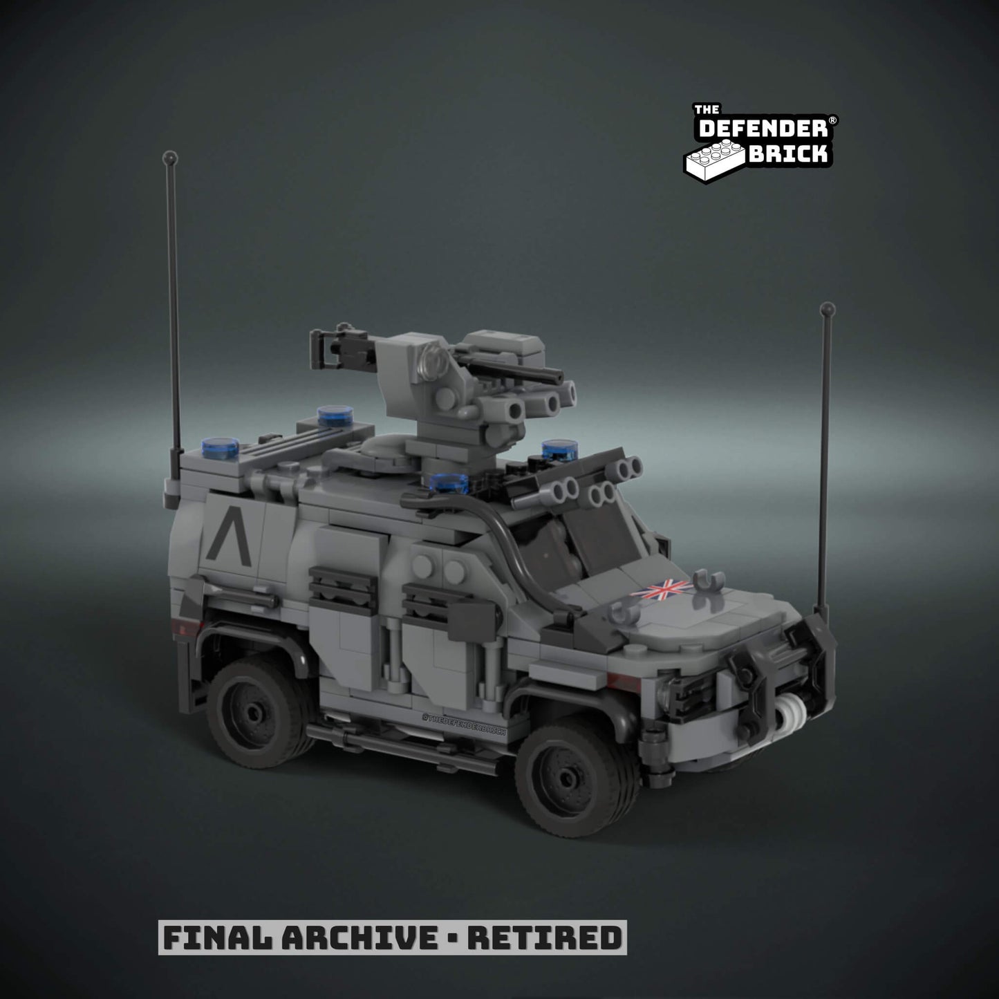 Custom LEGO military Armored vehicle model with urban gray livery on a dark background with Custom UV printed parts and 'The Defender Brick' branding.