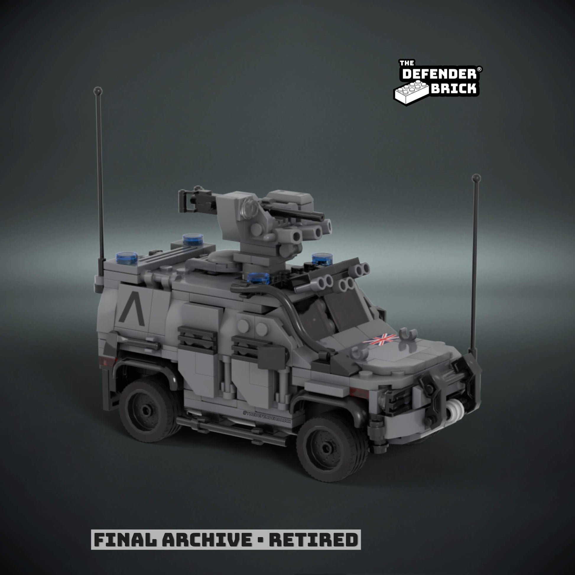 Custom LEGO military Armored vehicle model with urban gray livery on a dark background with Custom UV printed parts and 'The Defender Brick' branding.