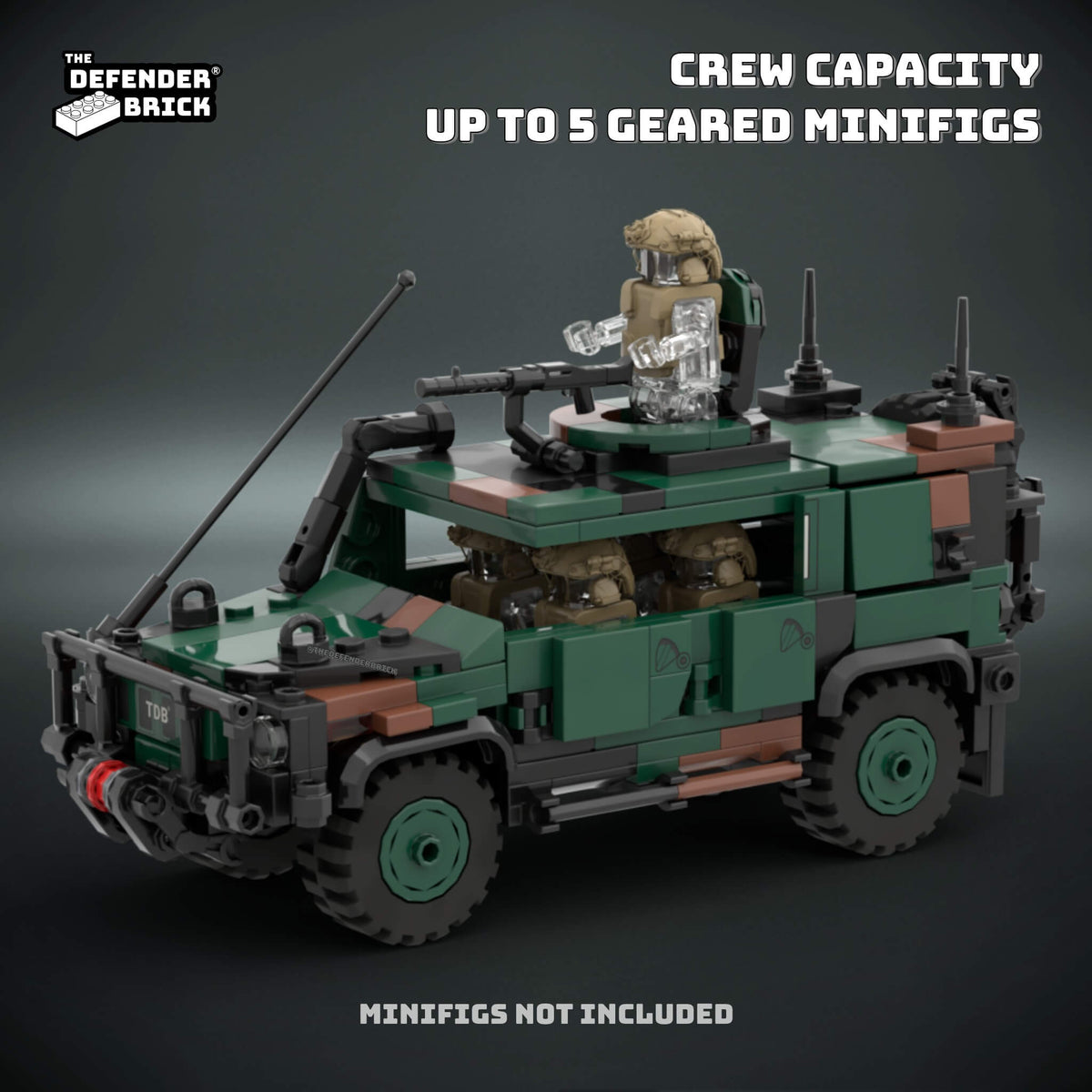 TDB Allied Camo LNX shown with sample geared figures to demonstrate capacity for up to five minifigs; figures not included.