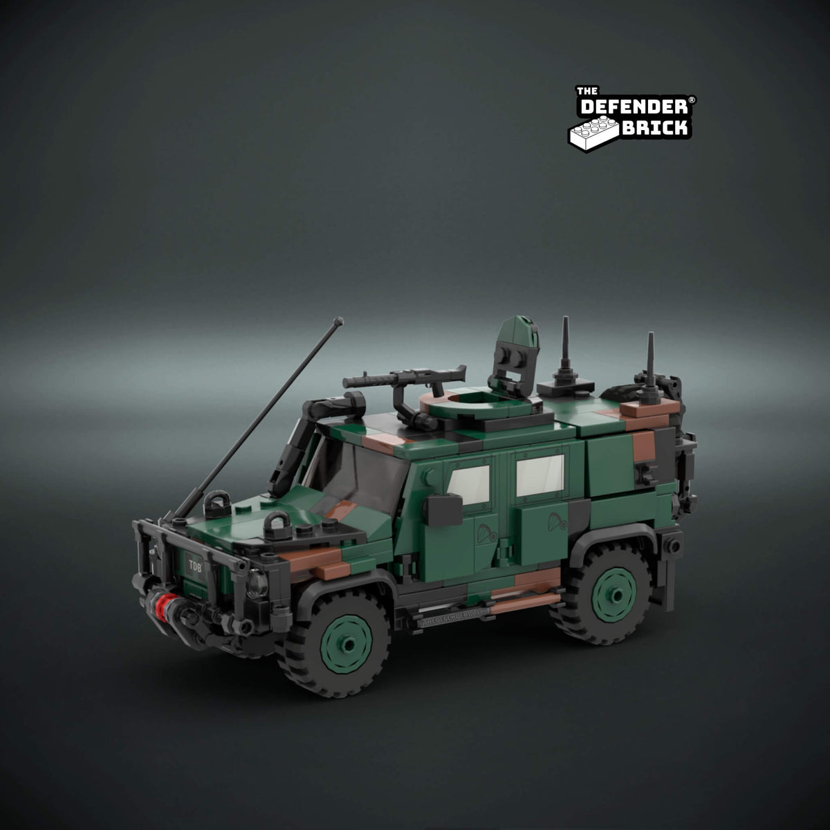 TDB Allied Camo LNX custom brick-built armored vehicle, front three-quarter view on a dark studio background.