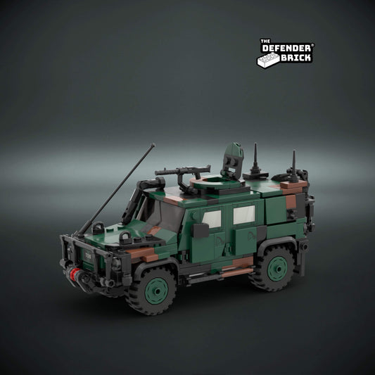 TDB Allied Camo LNX custom brick-built armored vehicle, front three-quarter view on a dark studio background.