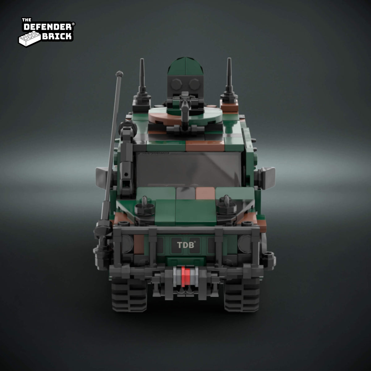 Front view of the TDB Allied Camo LNX custom brick-built armored vehicle showing the camouflage, grille and roof-mounted details.