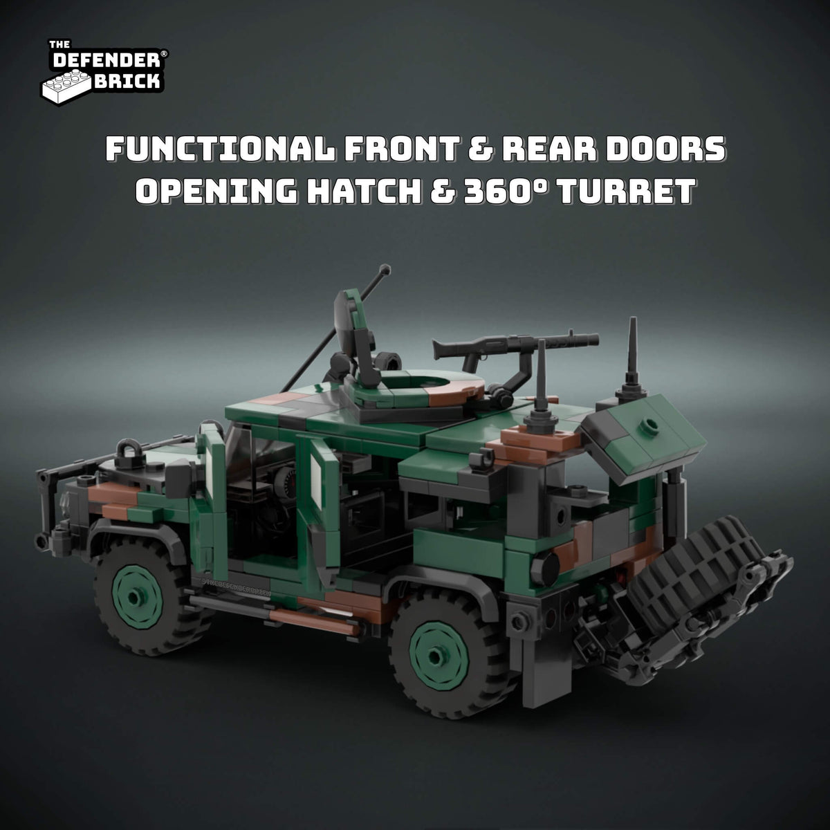TDB Allied Camo LNX with front and rear doors open, roof hatch open and 360-degree turret rotated to show its functional features.