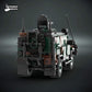 Rear three-quarter view of the TDB Allied Camo LNX custom brick-built armored vehicle on a dark studio background.