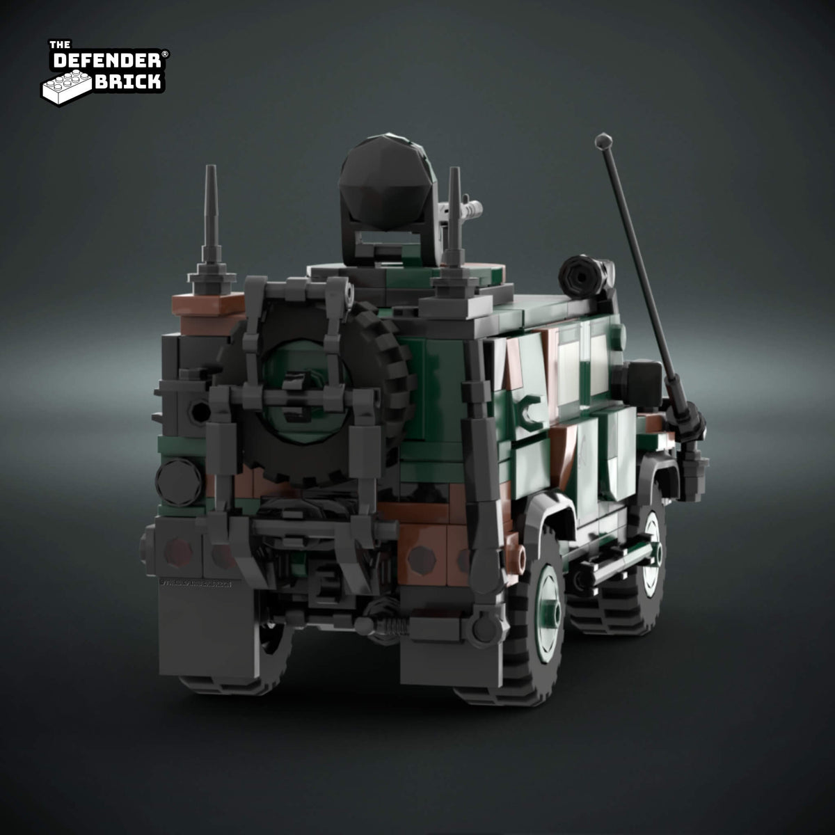 Rear three-quarter view of the TDB Allied Camo LNX custom brick-built armored vehicle on a dark studio background.