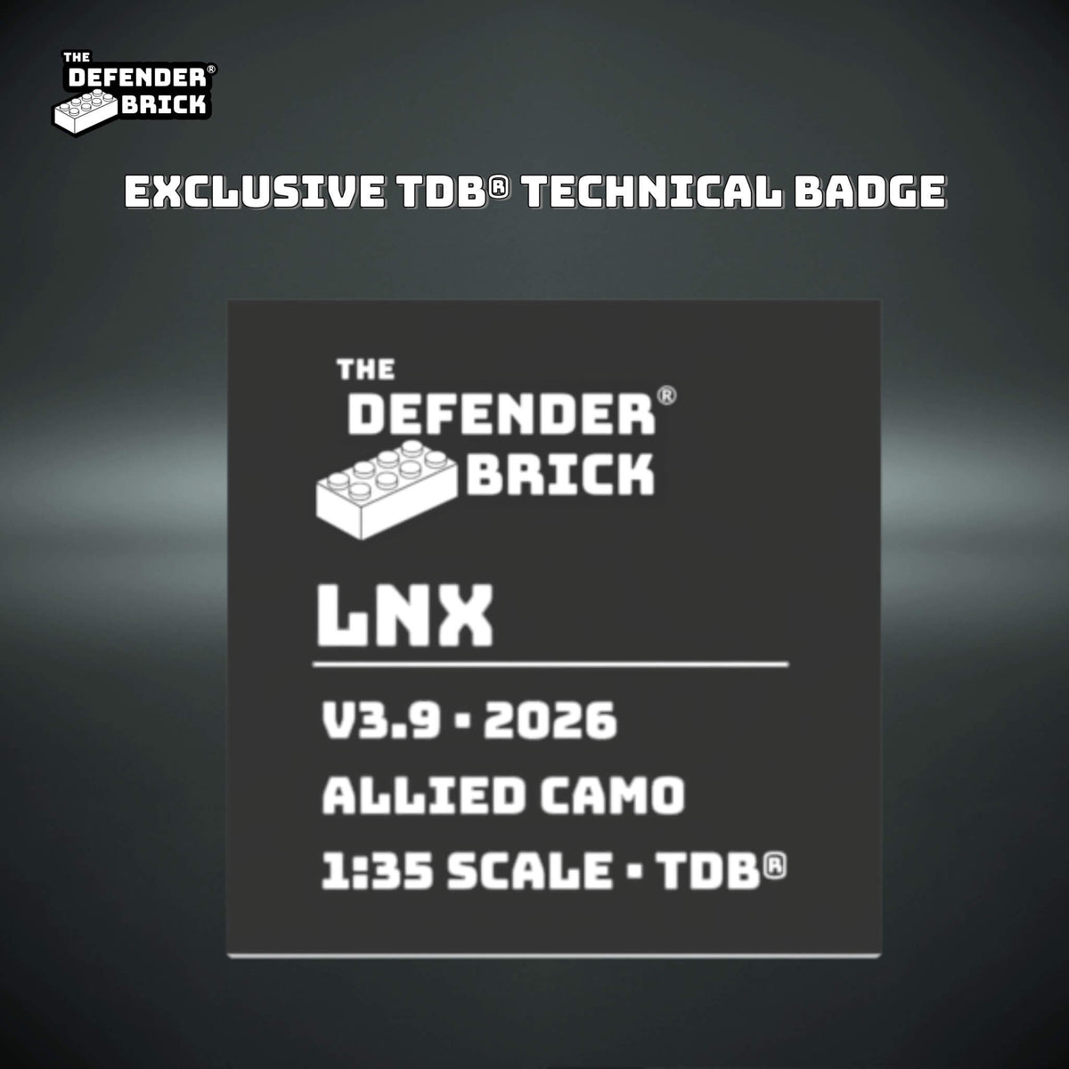 Exclusive TDB technical badge for the Allied Camo LNX showing model, version and 1:35 scale details.