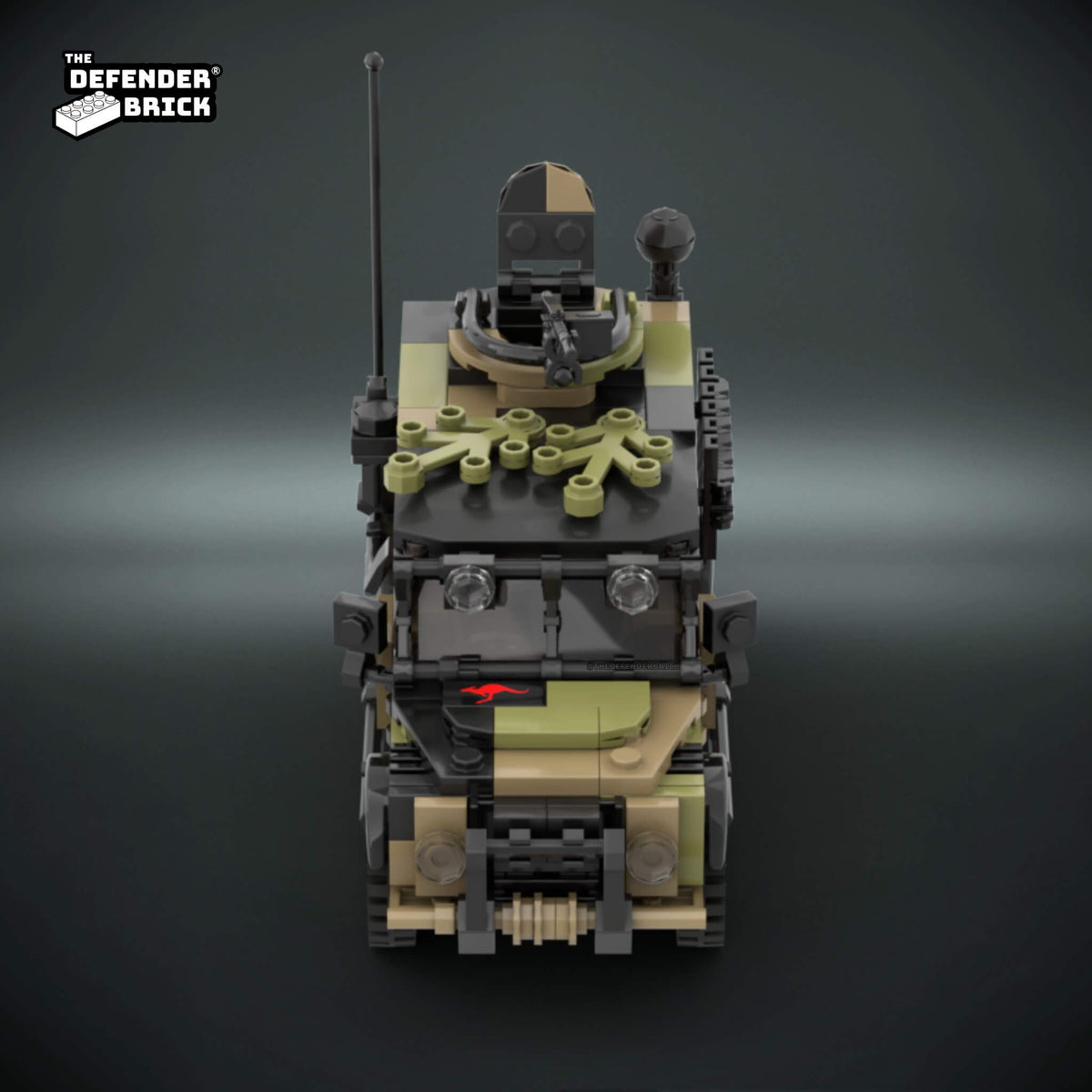 Front view of the TDB Australian Assault rover custom brick-built tactical vehicle showing the camouflage, hood roof-mounted details and 360 turret with custom ABS machine gun.