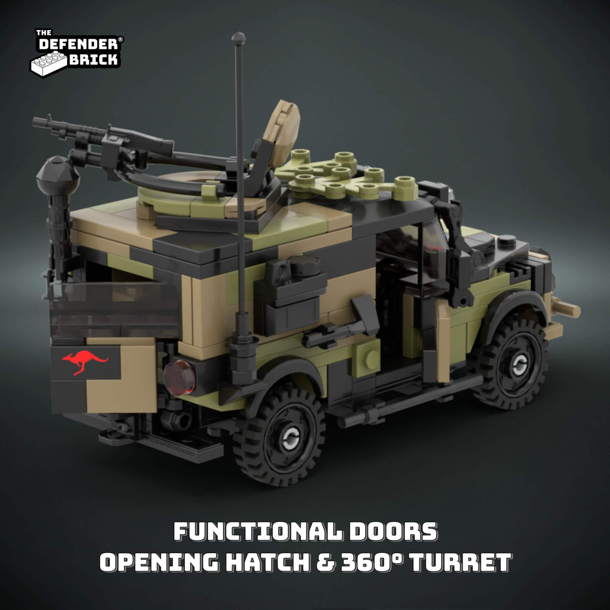 TDB Australian Assault rover with front and rear doors open, roof hatch open and 360-degree turret rotated to show its functional features.