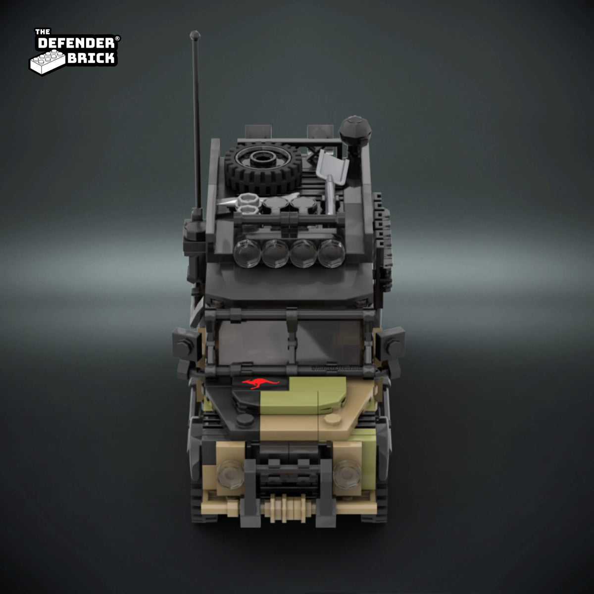 Front view of the TDB Australian Cargo rover custom brick-built tactical vehicle showing the camouflage, hood and roof-mounted details.