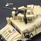 Close-up of turret, hood and UV-printed flag tile on the Desert Armoured Carrier — tan custom LEGO® kit.