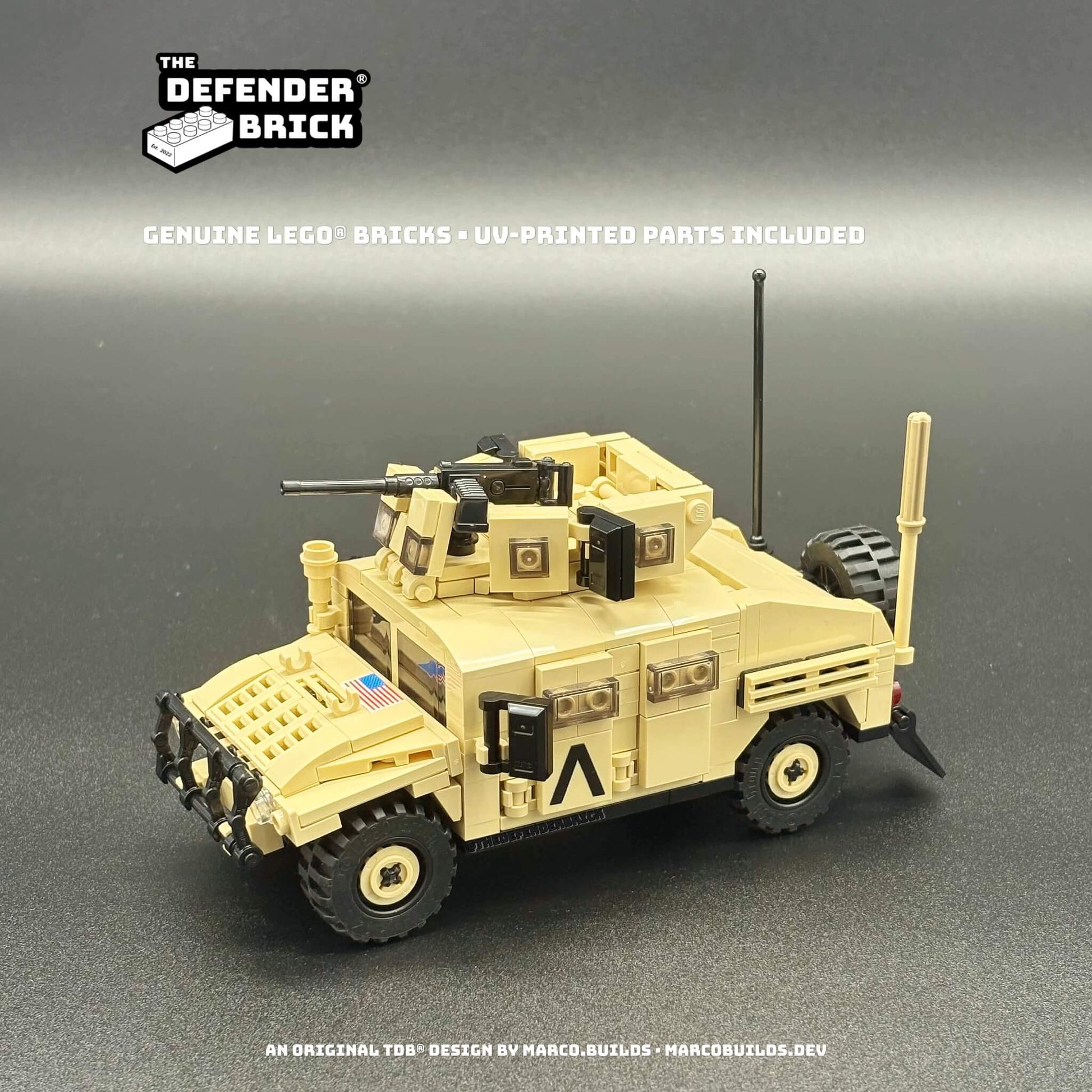 Desert Armoured Carrier front three-quarter real photo — tan custom LEGO® military kit.